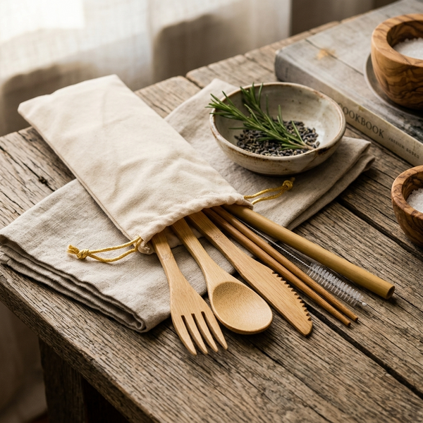 Bamboo Cutlery - Zero Waste set - With Travel Pouch - Food Safe - Reusable