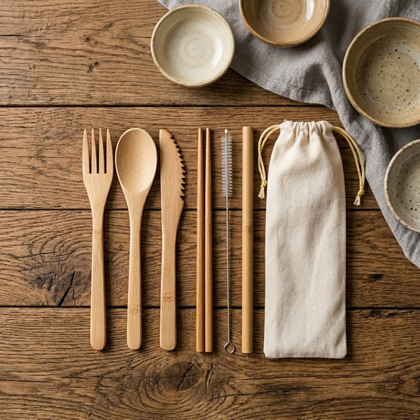 Bamboo Cutlery - Zero Waste set - With Travel Pouch - Food Safe - Reusable