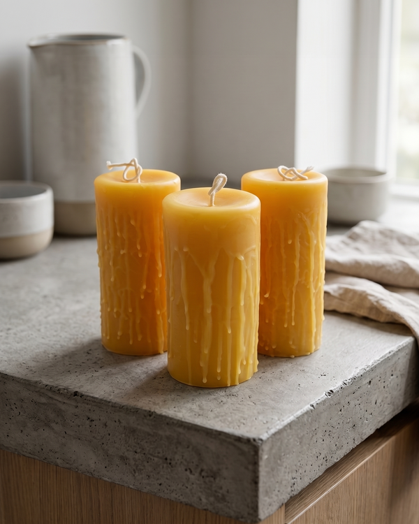 Hand-Dripped Pillar - Beeswax Candles - 3" wide