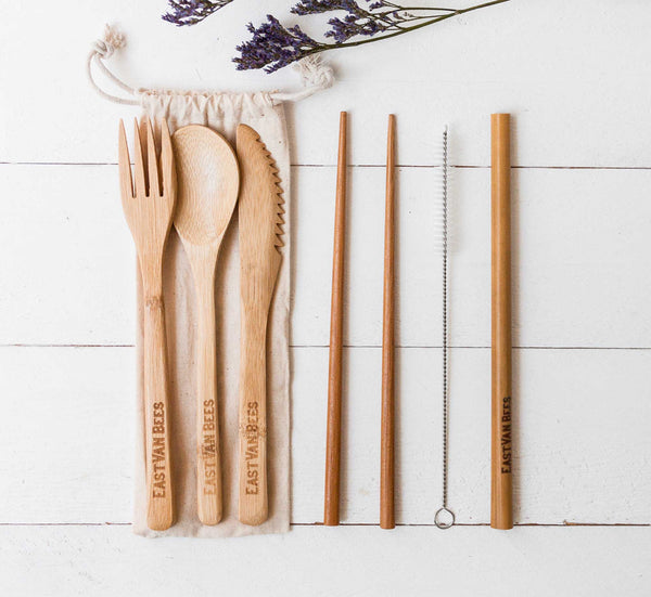 Bamboo Cutlery - Zero Waste set - With Travel Pouch - Food Safe - Reusable