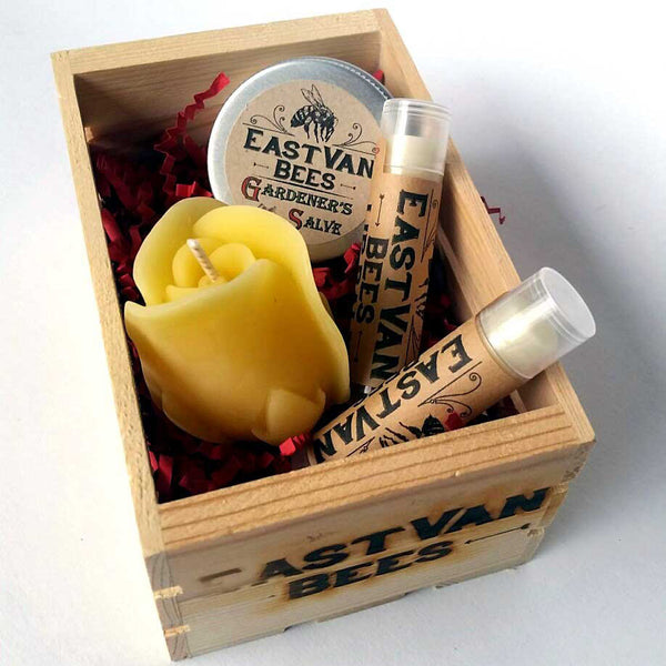 Special Day Gift Box with 100% Beeswax Rosebud Flower Candle, 2 x Lip Balms, Gardeners Moisturizing Salve